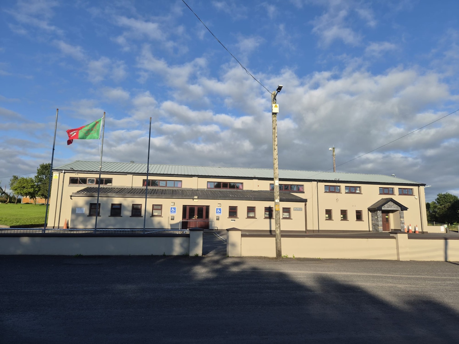 Ardagh Community Centre from the car park, with the Mayo flag flying